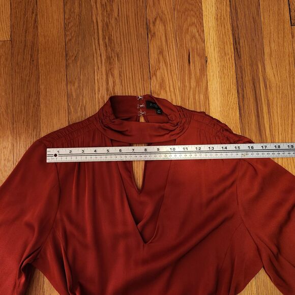 Intermix Victoria Deep Red 95% Silk Midi Dress, High Collar, Keyhole Neck, Sz 10 - Picture 7 of 11